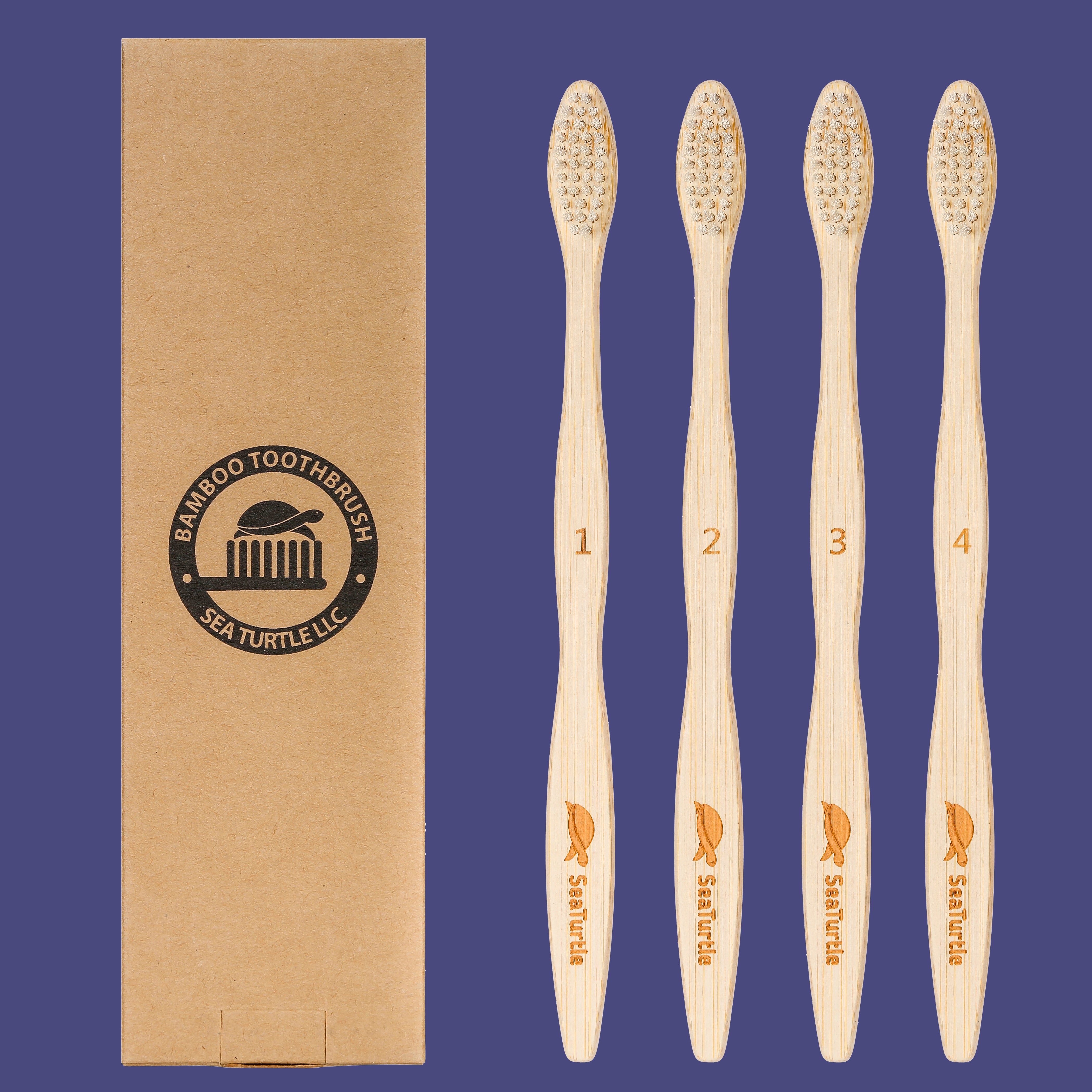 Sea Turtle Bamboo Toothbrushes - 4 Pack for Adults